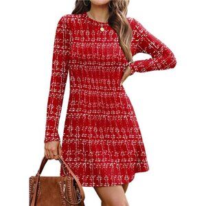 Women Long Sleeve Crew Neck Sweater Dress Red mix White